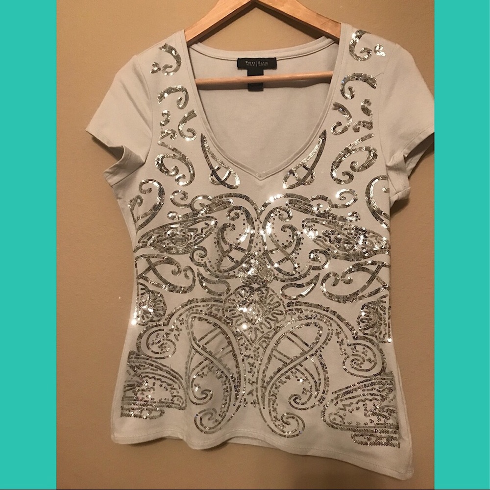NWOT women’s White House Black Market top silver gray sparkly size small - Picture 5 of 8